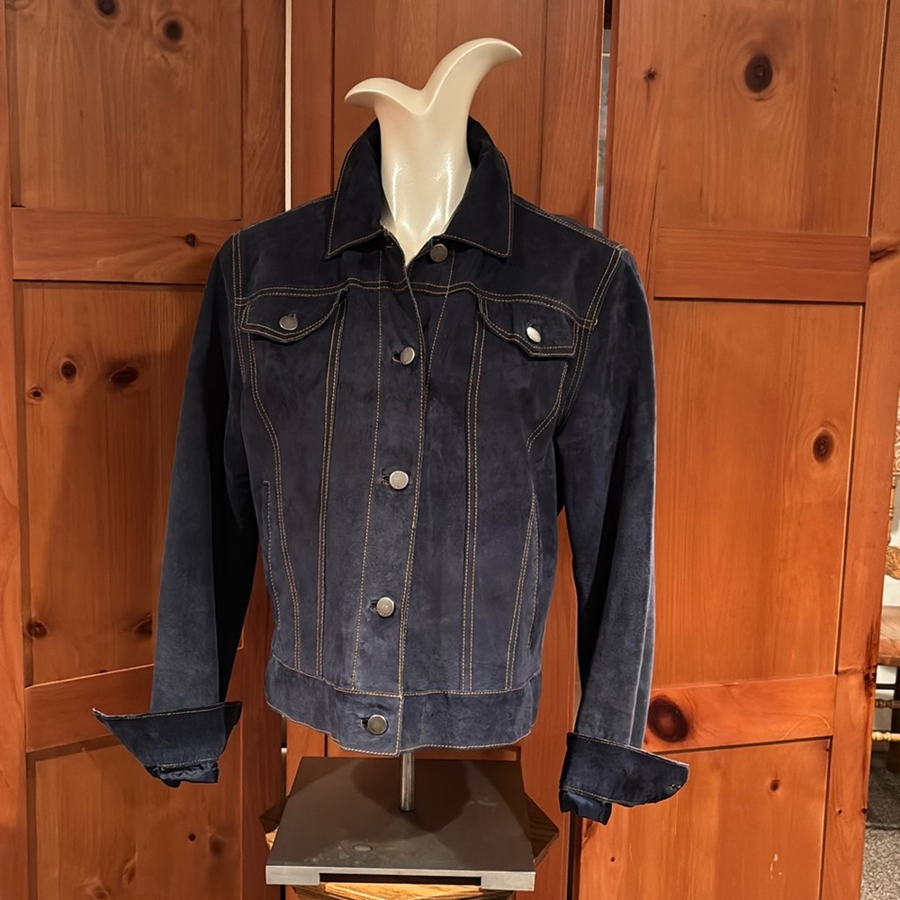 Isaac Mizrahi Navy Blue Suede, jean jacket. size large